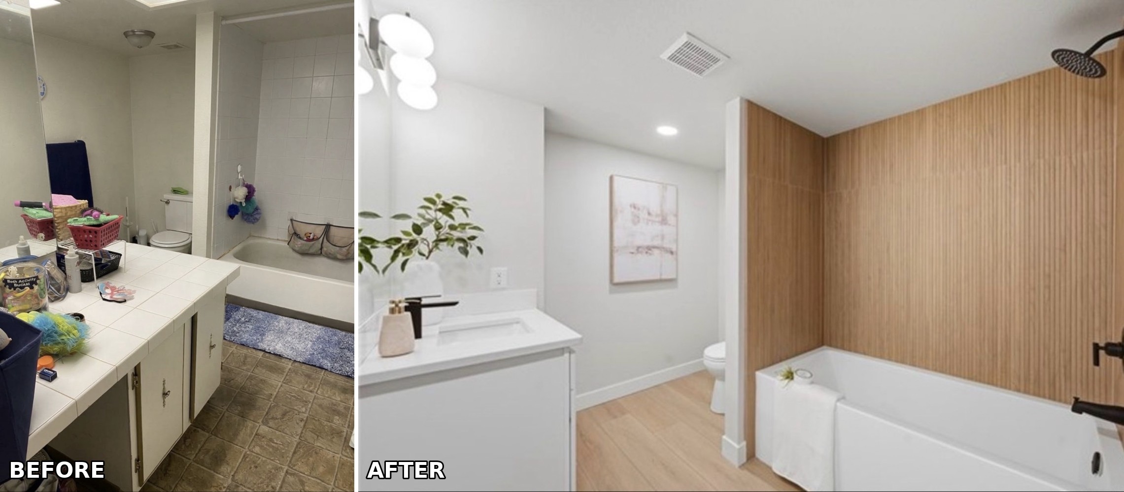 Bathroom renovation in Lakewood, WA — new soaking tub with wood-look surround, matte black fixtures, and modern vanity.