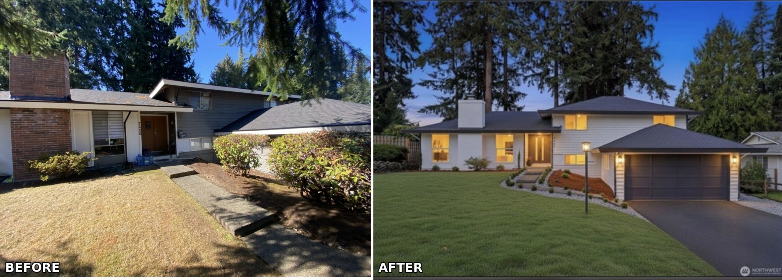 Before and after: full exterior renovation in Oakbrook, Lakewood, WA — new paint, roof, landscaping, and entry.