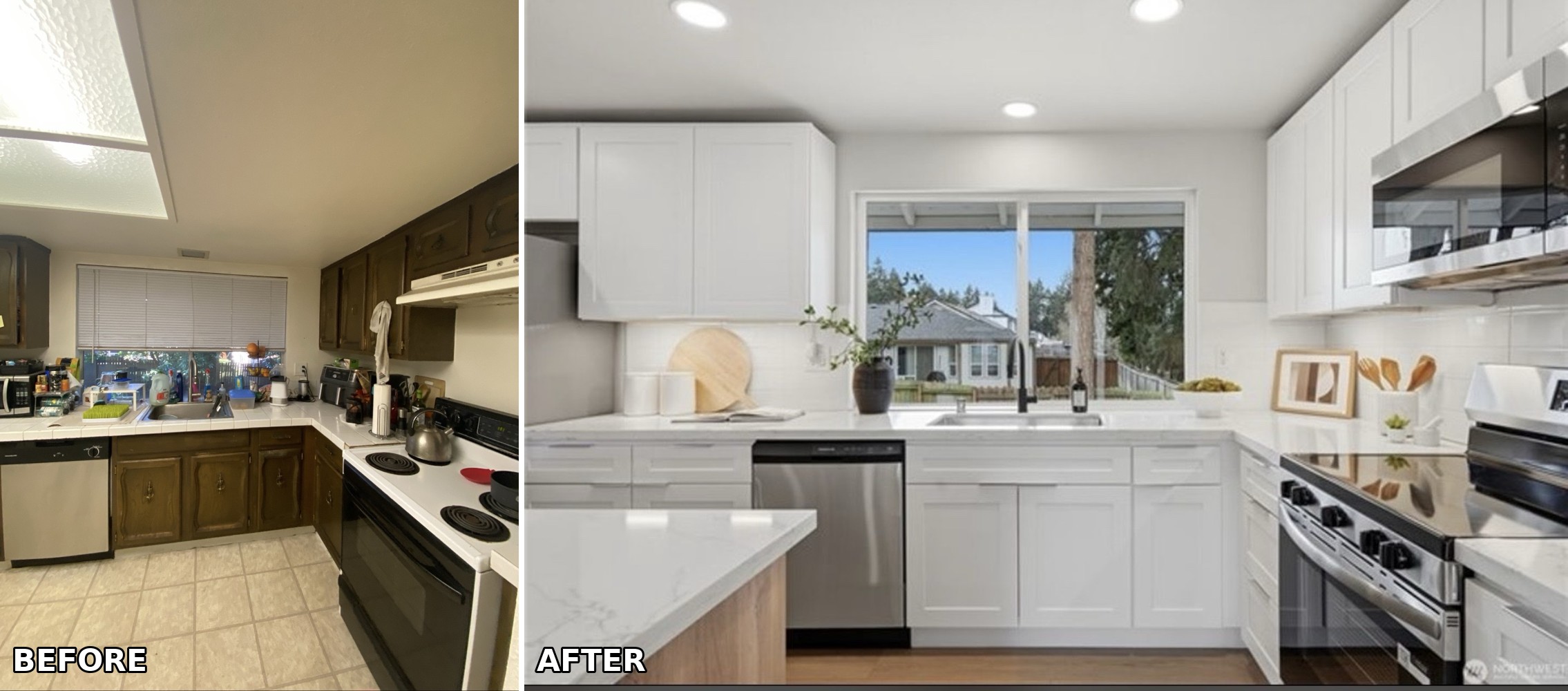 Kitchen remodel in Lakewood, WA — dated wood cabinets and tile counters replaced with white shaker cabinets, quartz counters, and stainless appliances.