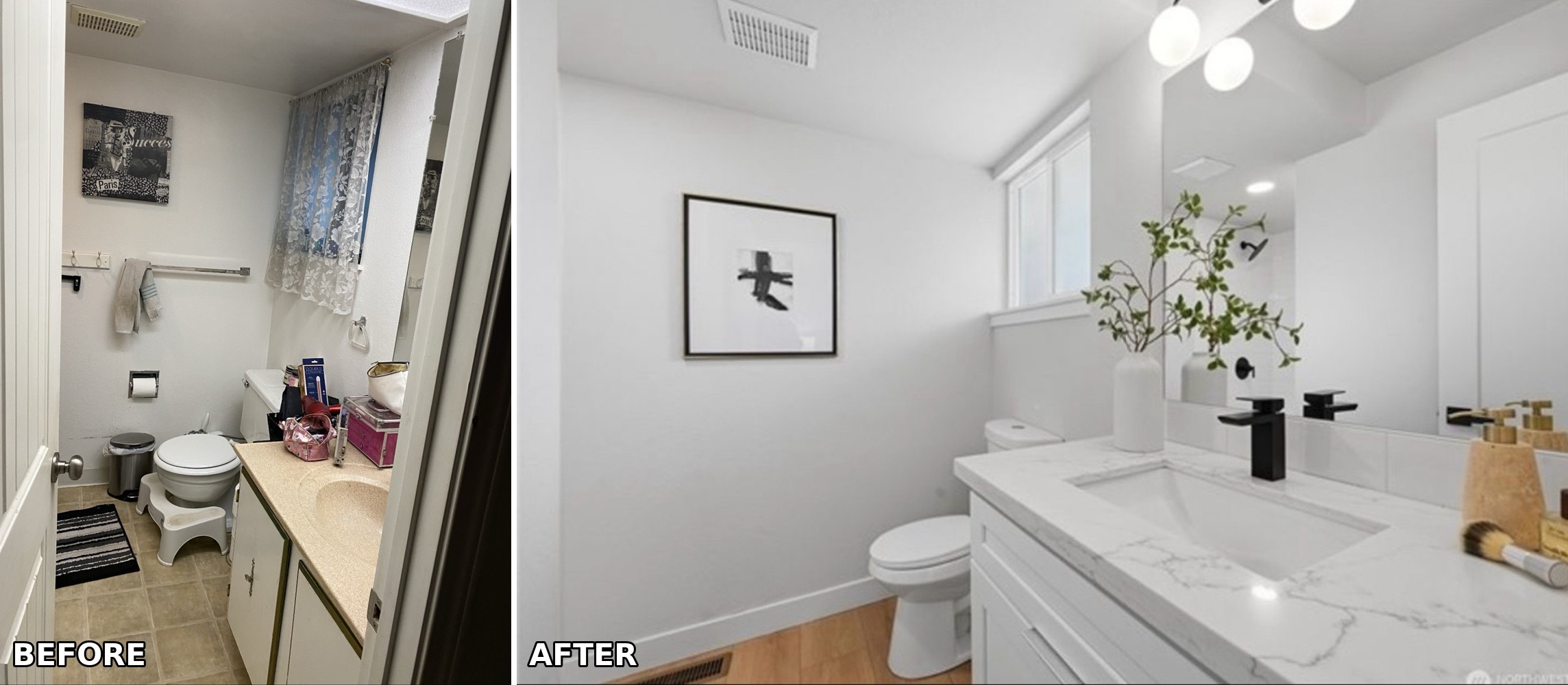 Second bathroom remodel in Lakewood, WA — marble-look counters and updated fixtures.