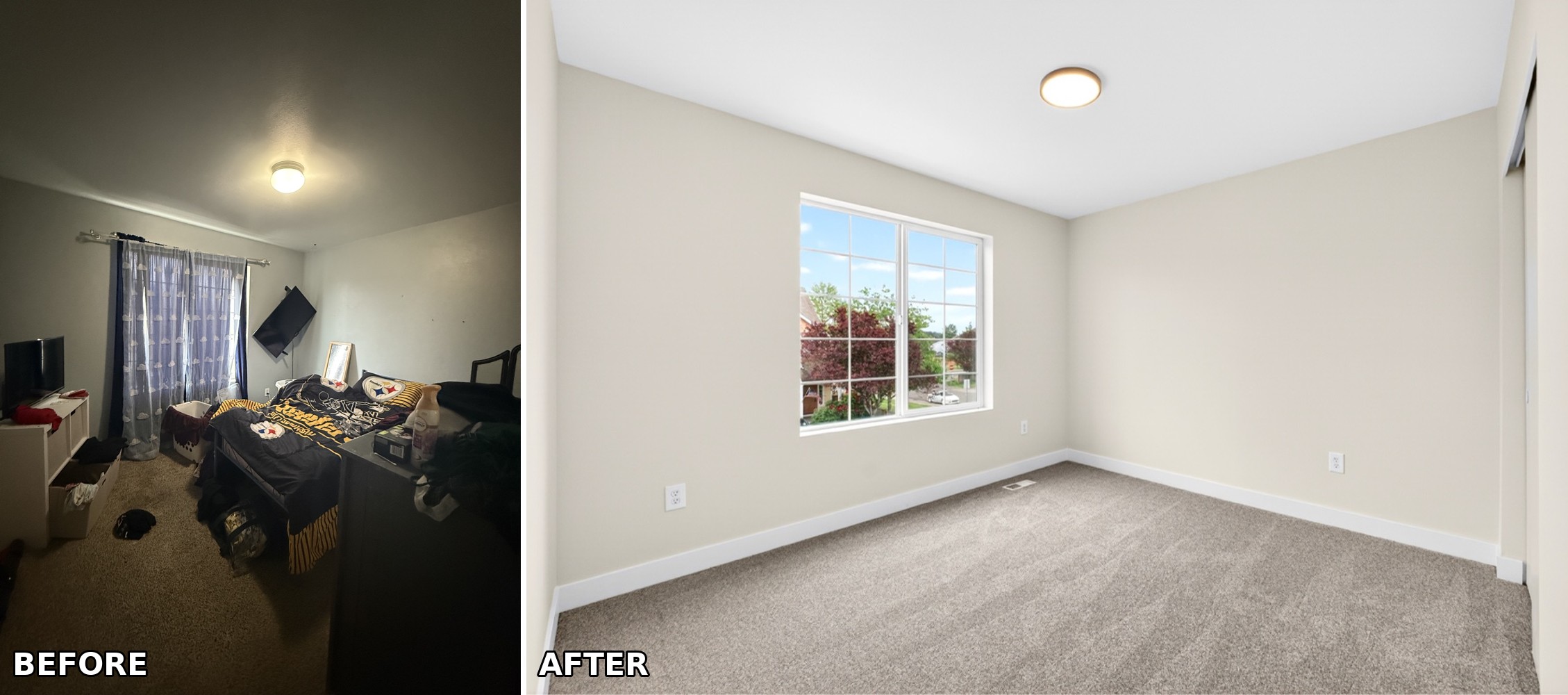 Bedroom refresh in South Hill, Puyallup — new carpet and paint, ready for a fresh start.