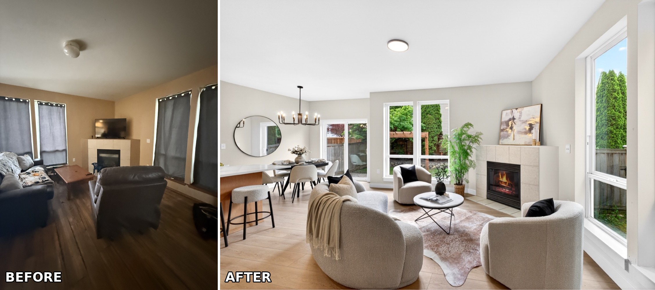 Living room transformation in South Hill, Puyallup — fresh paint, new floors, and the fireplace as the focal point again.