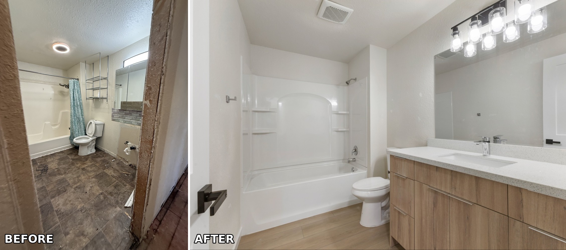 Bathroom renovation in Spanaway, WA — vanity was gone when we bought it; now it's bright and modern.