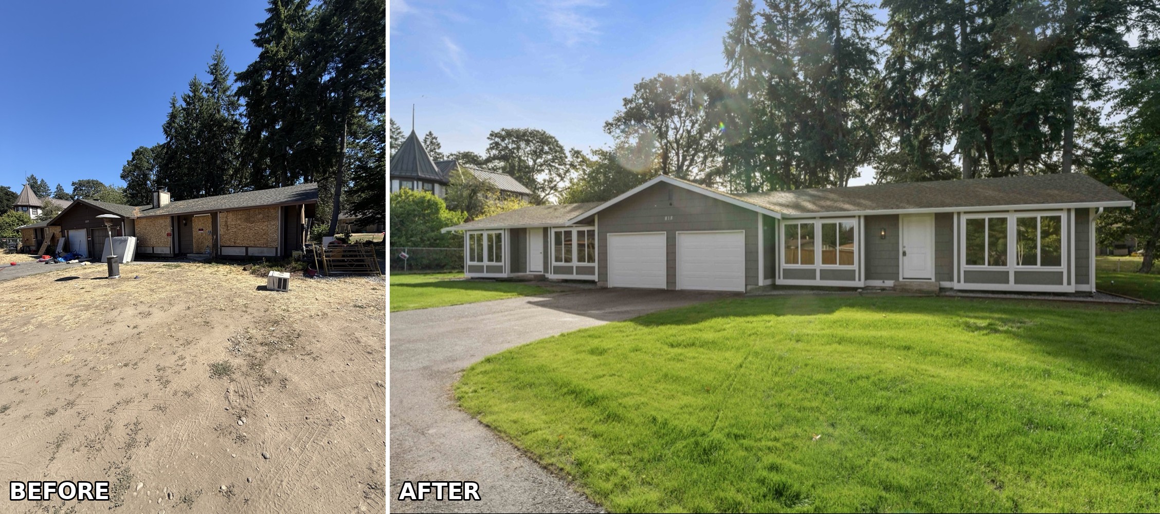 Before and after: boarded-up duplex in Spanaway, WA, brought back to life — new siding, paint, lawns, and two families housed.