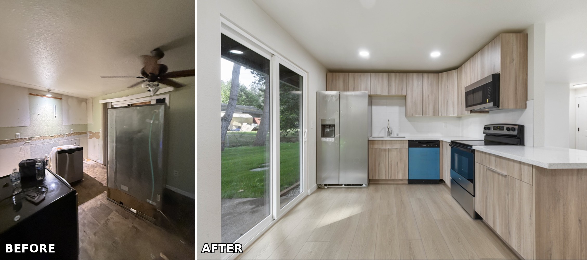 Kitchen renovation in Spanaway, WA — cabinets were gone when we bought it; now light wood cabinets, quartz counters, and new appliances.