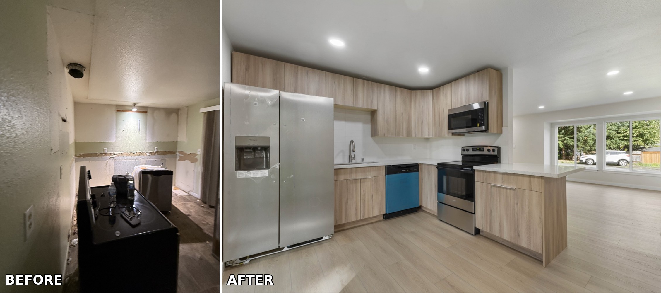 Kitchen, wide view — Spanaway, WA duplex renovation.
