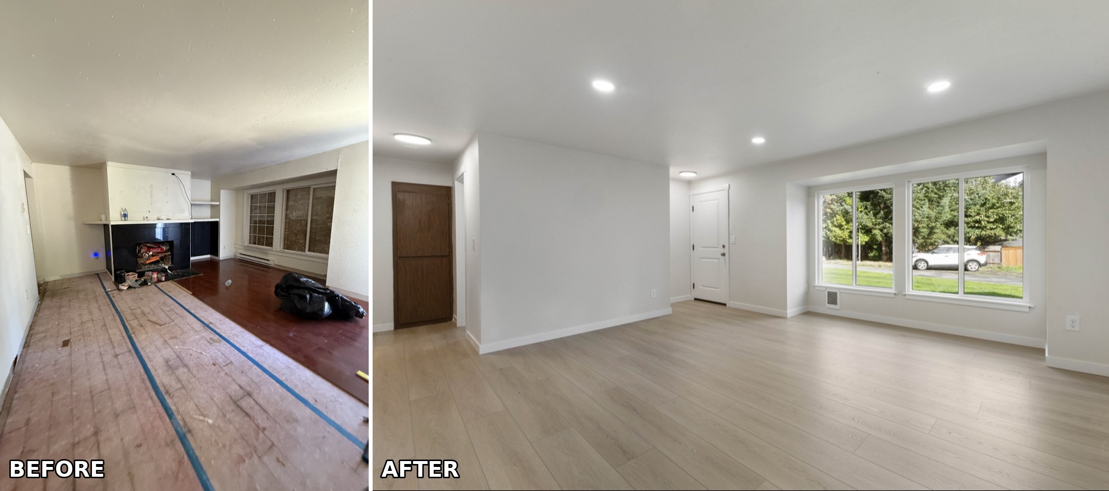 Living room renovation in Spanaway, WA — boarded windows and a fireplace full of junk to bright, open, and move-in ready.