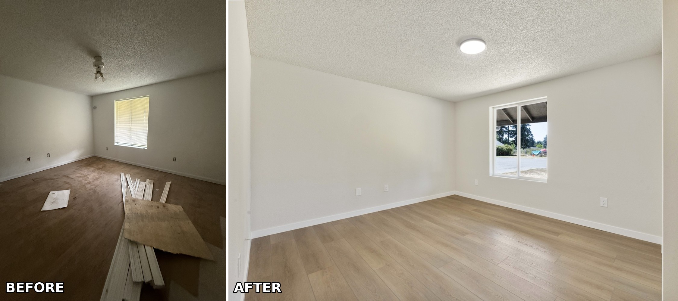 Bedroom renovation in Tacoma, WA — worn floors and trim to fresh paint and new LVP.
