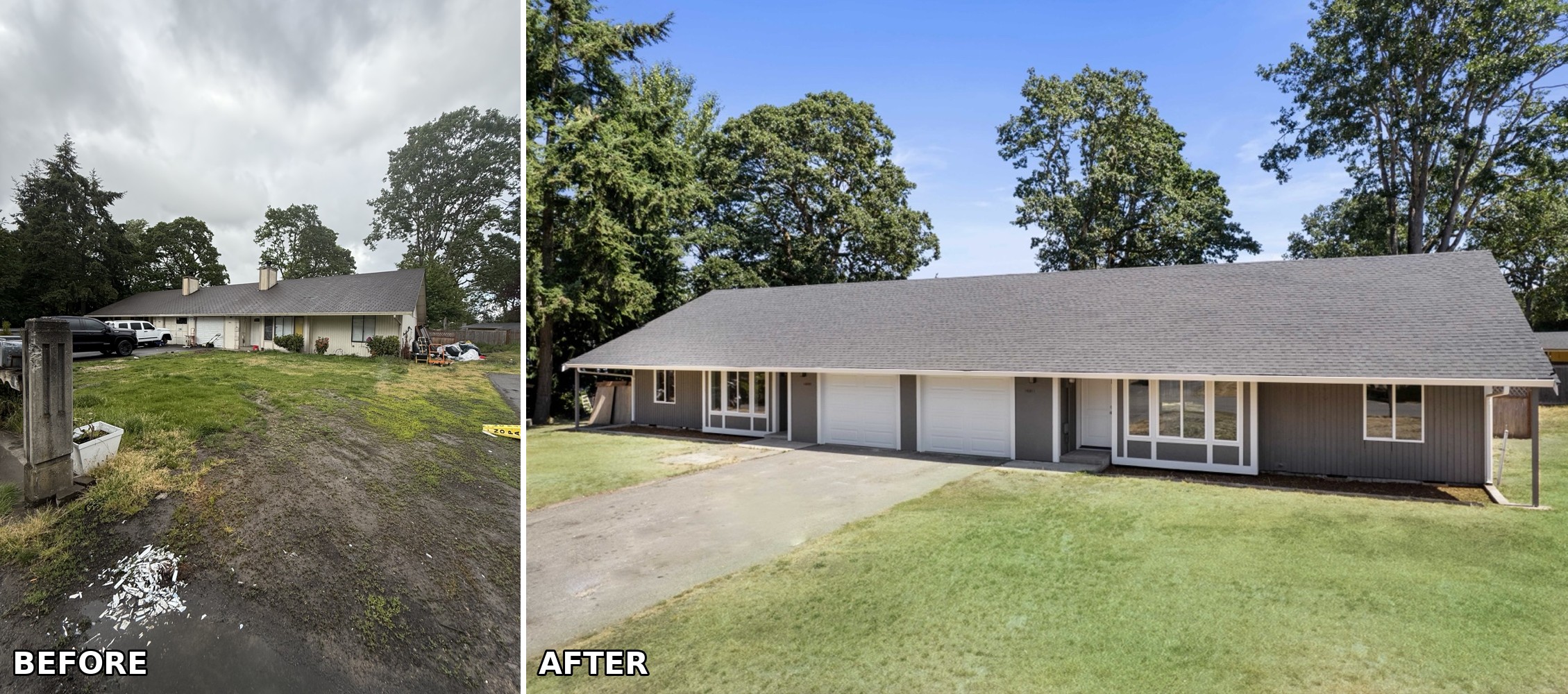 Before and after: full renovation in Tacoma, WA — new paint, new lawn, and a tired property brought back to life.