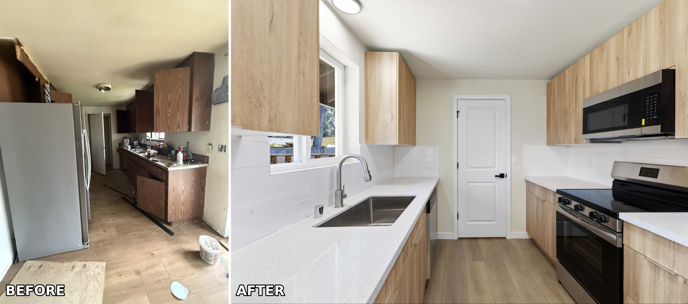 Kitchen renovation in Tacoma, WA — dark 80s cabinets and clutter to light, modern, and clean.
